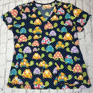 Med Couture Navy Turtle Print Scrub Top Large